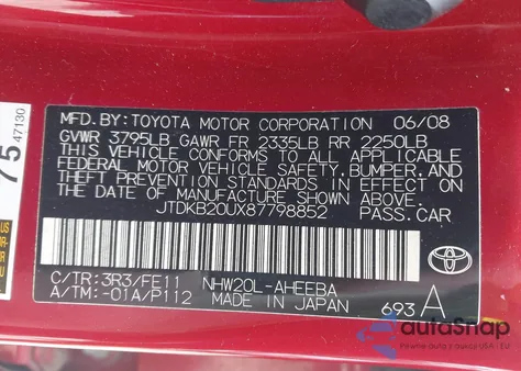 2008 Toyota Prius из США, поврежденный, VIN JTDKB20UX87798852